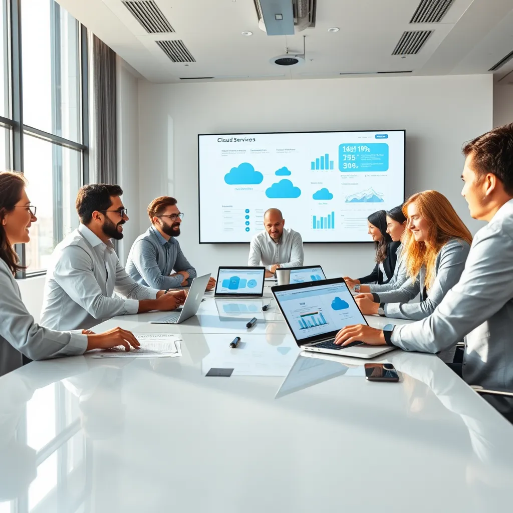 A dynamic image representing cloud integration, featuring a diverse team of IT professionals collaborating around a sleek conference table filled with technical charts and laptops displaying cloud architecture diagrams. Bright, natural lighting floods the room, creating an energetic and forward-thinking mood. The color palette leans towards cool grays and whites, symbolizing the technological aspect of cloud solutions. Shot from a mid-angle perspective, the image captures the team's engaged discussion. Rich textures of the modern conference room meld with the shiny surfaces of the electronic devices. Background elements include a large screen showcasing cloud service stats, enriching the narrative. This image is influenced by corporate team dynamics photography and aims for a crystal-clear 8K resolution, ensuring hyperrealism and detail.