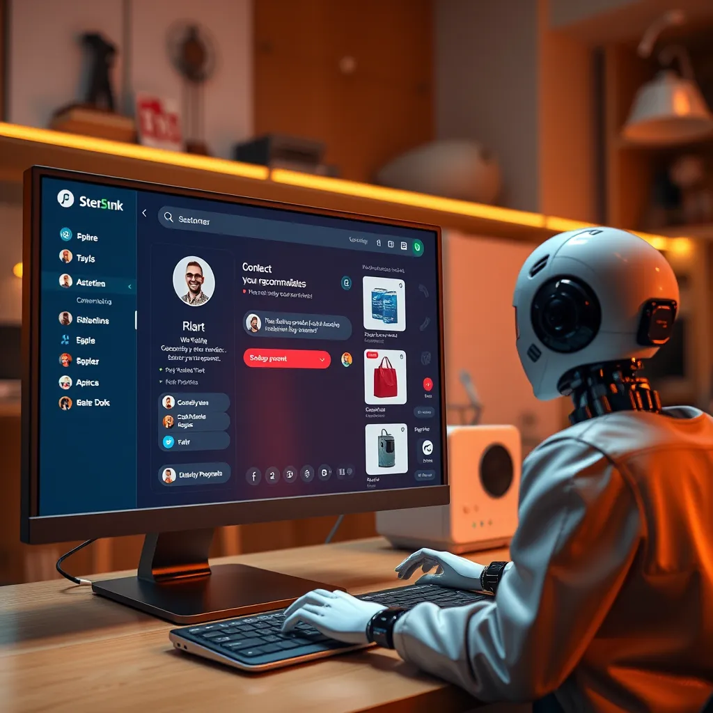 A dynamic scene showing a chatbot on a computer screen providing personalized product recommendations to a user. Use a split screen effect to display the customer's profile with preferences highlighted, alongside vibrant product options that cater to their interests.