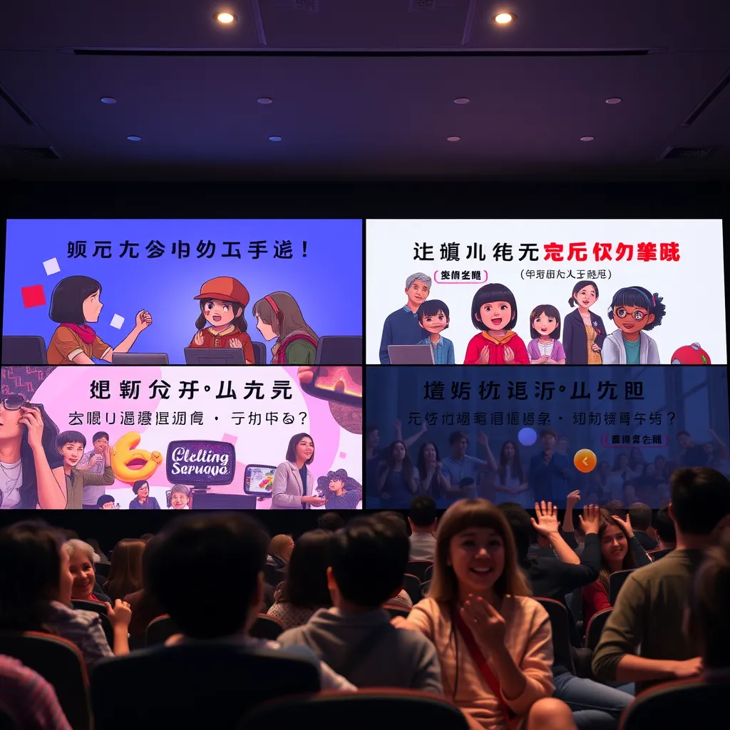 A dynamic split-screen image showing the same storytelling scene adapted into different languages. Each section displays culturally relevant elements, illustrating the concept of multilingual accessibility while featuring excited viewers from various backgrounds engaged in the content.