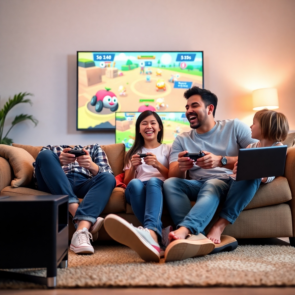 A family of three happily playing a video game together on a living room couch. The game is displayed on a big screen, showcasing fun graphics. The scene conveys warmth and togetherness, highlighting an affordable gaming setup with laughing family members.
