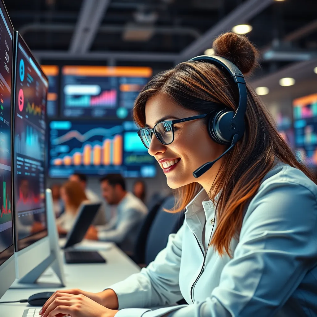 A friendly customer service representative engaging with clients via a high-tech headset and multiple screens showing data analytics. The background features a vibrant workspace filled with customer satisfaction metrics and smiling customers, emphasizing personalized service.