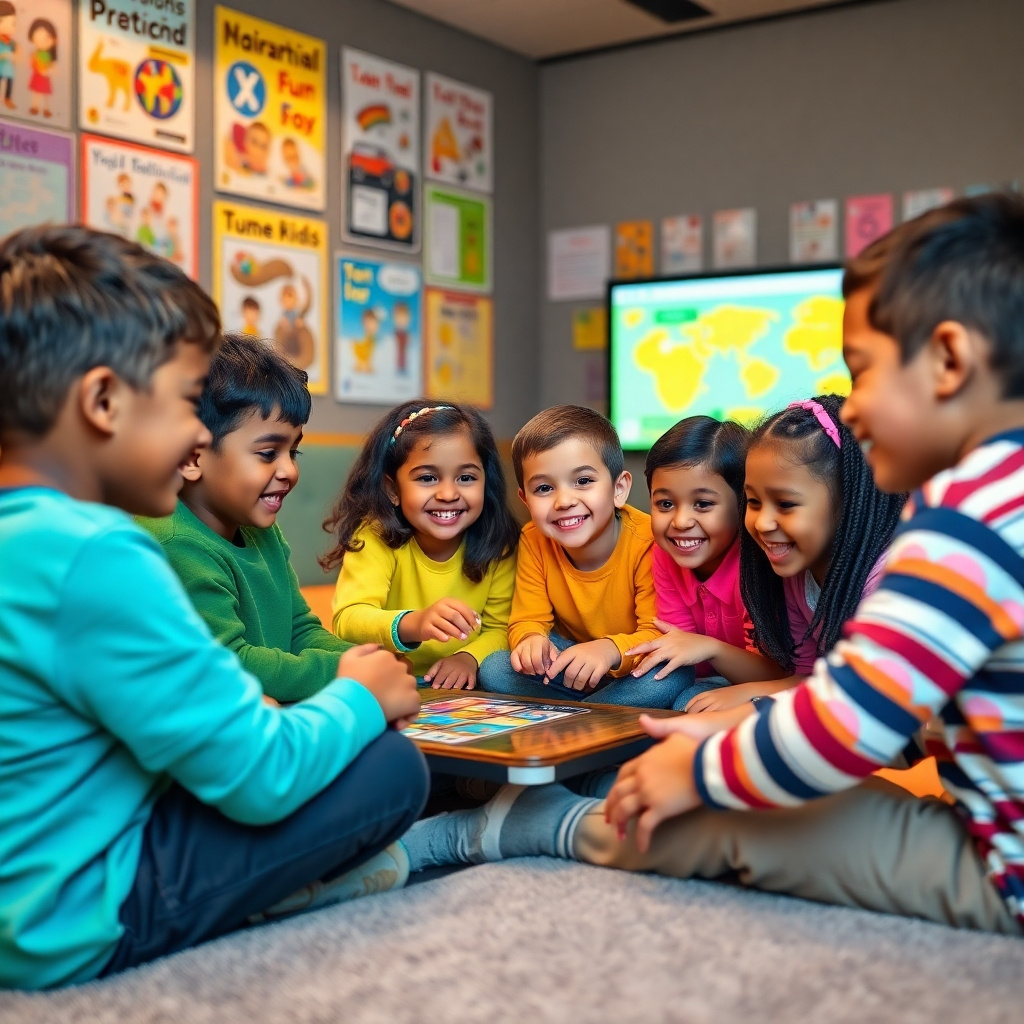 A group of diverse children working together on an interactive educational game, seated in a comfortable, vibrant room filled with educational posters. They are focused and excited as they solve puzzles on a large screen, showcasing teamwork and joyful discovery.