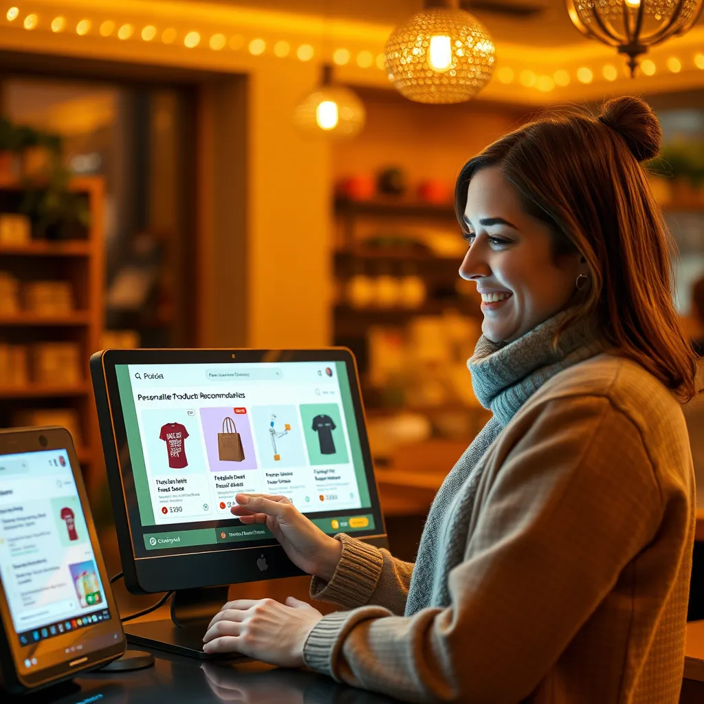 A happy customer interacting with a digital interface that showcases personalized product recommendations. The ambiance is warm and inviting, with elements like feedback forms and customer service chatbots depicted in a relatable setting.