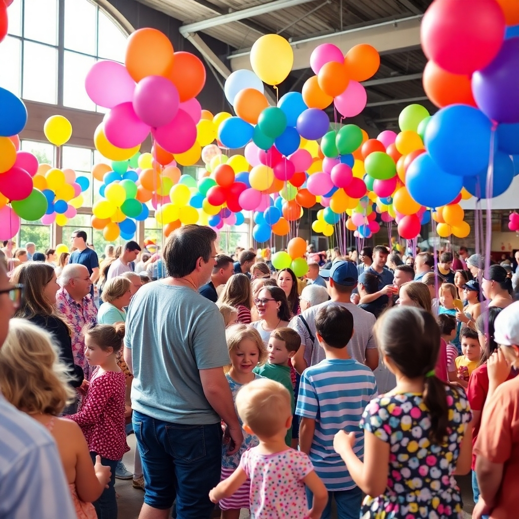 A heartwarming community gathering where colorful balloon designs create an inviting experience. The camera captures a vibrant scene filled with families enjoying activities and games, with balloons everywhere adding joy and laughter to the atmosphere. The use of natural lighting brings out the vivid colors in the balloons, creating a warm and inviting feel. The angle should focus on the energy of the crowd, all while showcasing the balloon decorations that make the event truly memorable.