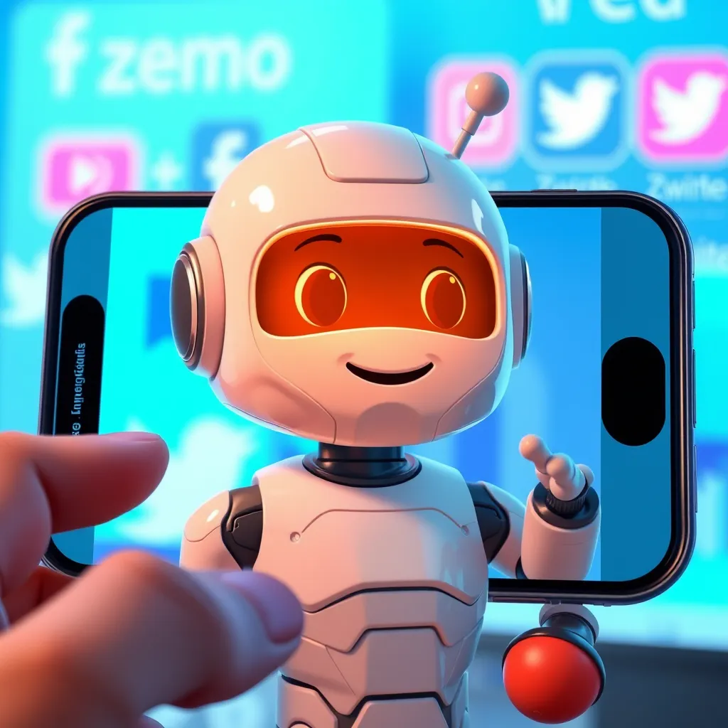 A high-quality, photorealistic image of a friendly chatbot on a smartphone screen, interacting with a user in a social media environment. The chatbot should be depicted as a friendly, animated character, and the background should have visual elements representing social media platforms like Facebook and Twitter.