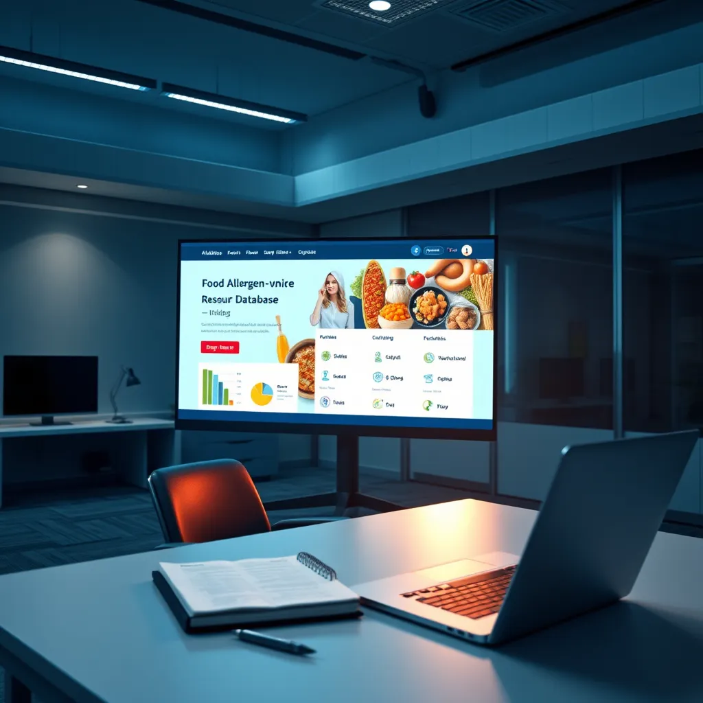 A high-tech office space featuring a large display screen showcasing a user-friendly website with a food allergen resource database. Dim, dramatic side lighting enhances the modern design of the office, while the color scheme emphasizes cool tones like blues and greys, reflecting professionalism. There are sleek furniture pieces in the frame, with a stylish chair at the desk. A laptop with allergen research and a notepad filled with notes sits nearby, adding depth. The camera perspective is slightly angled to capture the monitor's glow against the background. The overall style is hyperrealistic, designed to appear ultra-detailed and inspiring, presented in 8K resolution.
