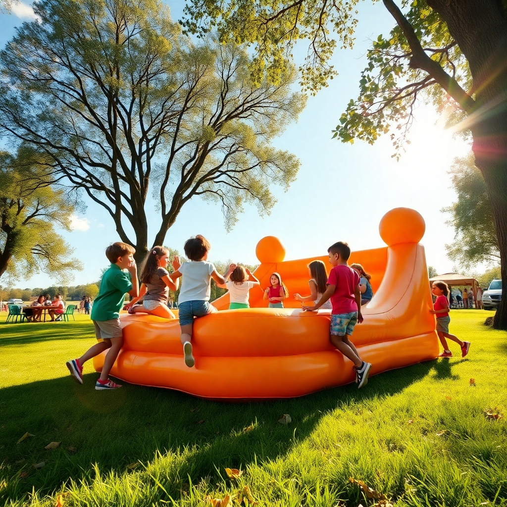 A lively scene illustrating a group of children enjoying a multiplayer game outdoors. Central to the image is a large inflatable game console set up in a sunny park with children eagerly playing together, collaborating and cheering each other on. The bright afternoon sunlight casts dynamic shadows, bringing energy to the scene. The color palette includes bright and cheerful colors like orange, green, and blue, reflecting joy and teamwork. The perspective is a dynamic low-angle shot that emphasizes the excitement of the players. The textures include soft grass beneath the children's feet and shiny surfaces of the inflatable console. In the background, trees sway gently in the breeze, and a picnic setup can be seen, hinting at a fun day out. The scene is depicted in ultra-detailed, hyperrealistic style, with a resolution of 8K to capture the vibrant atmosphere and emotions.