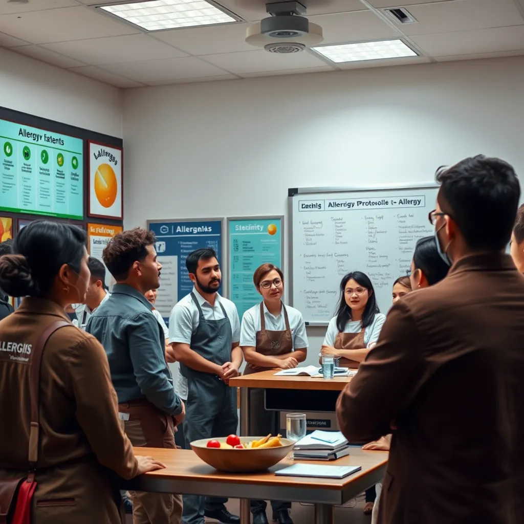 A lively training session in a food retail environment, with a diverse group of employees listening attentively to a trainer. Display allergen charts and safety protocols around the room, with a whiteboard featuring key allergy information.