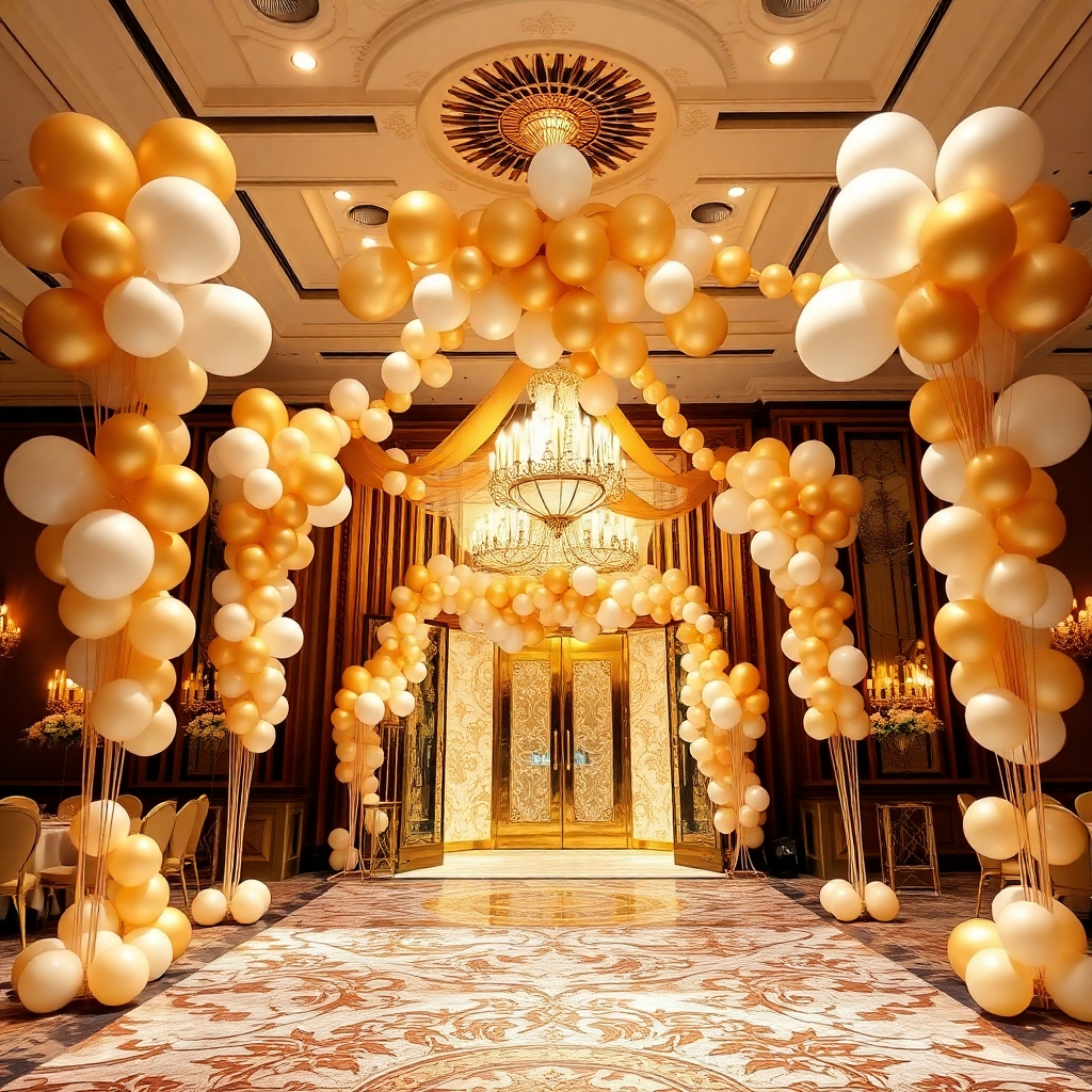 A luxurious event setting graced by sophisticated balloon arrangements elegantly draped around the entrance and throughout the venue. The lighting is soft and warm, creating an inviting atmosphere. Rich color palettes of gold, white, and blush accentuate the opulence of the décor. The image should showcase a wide-angle view that captures the grandeur of the balloon designs complementing the lavish decor. This elegant composition is meant to evoke a sense of sophistication and joy, highlighting high-quality event design.