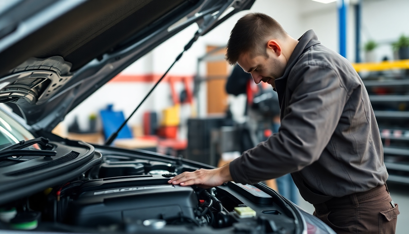 An organized vehicle servicing bay with a mechanic inspecting a car's engine, surrounded by high-quality tools. Include various cars in the background under maintenance, with bright lighting showcasing the professionalism of the service environment.