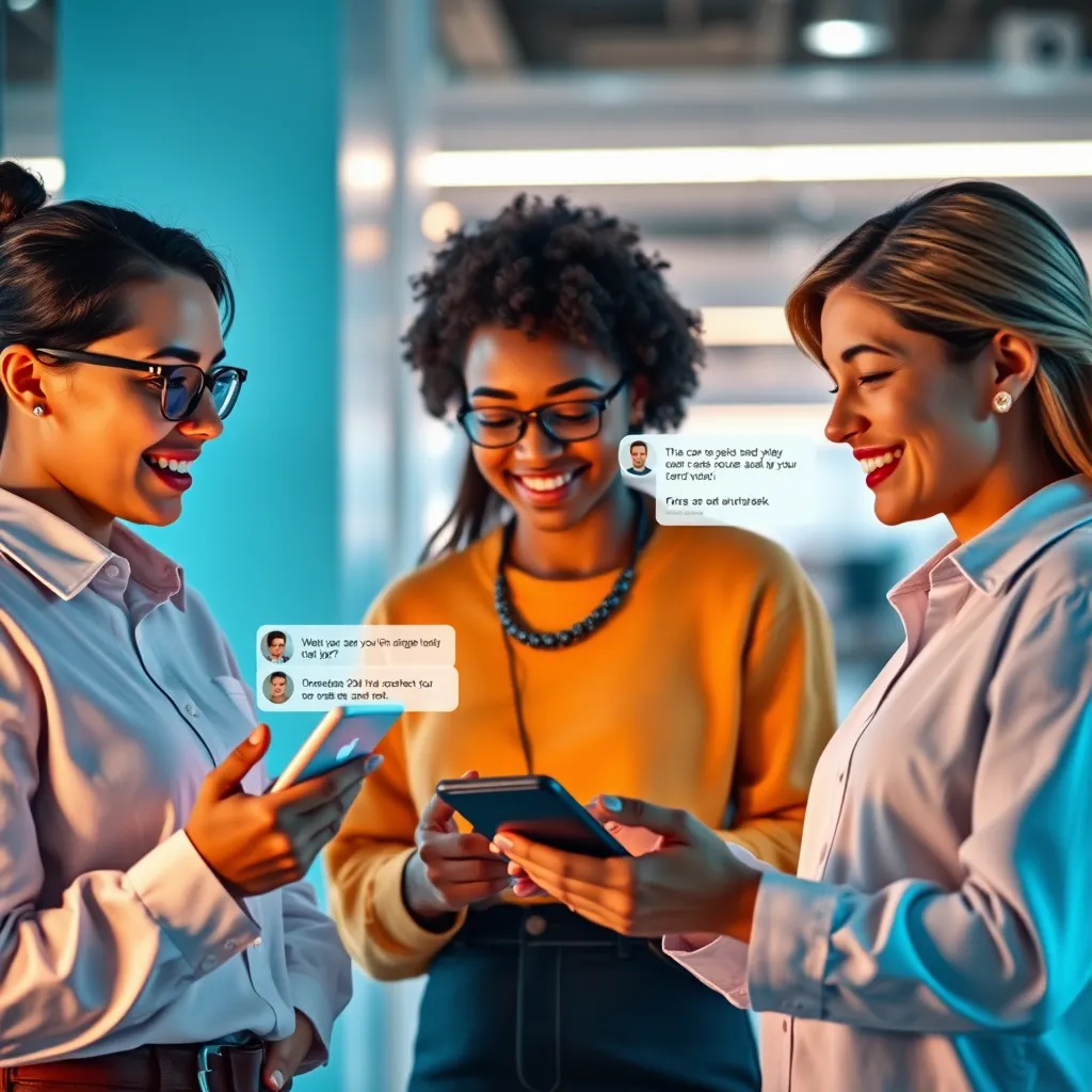 A modern, sleek interface showing a diverse group of customers engaged in a live chat with an AI chatbot on a digital device. The scene includes elements like personalized messages, visual cues indicating satisfaction, and a friendly chatbot avatar, set against a bright, inviting background.