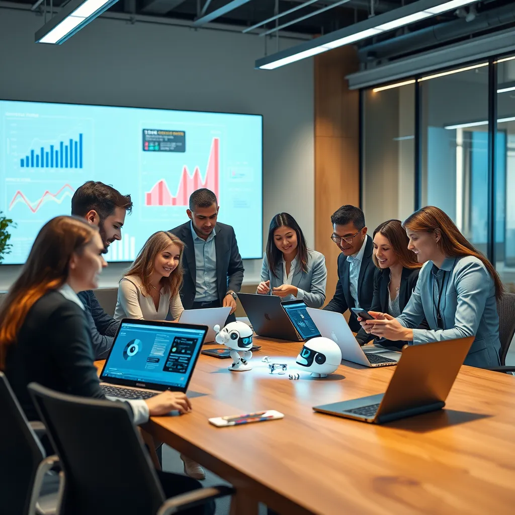 A modern office environment featuring a diverse team of professionals collaborating around a table filled with advanced technology gadgets, including laptops and tablets displaying chatbot interfaces. The background shows a digital screen with analytics and AI-driven graphs, representing innovation in business operations.