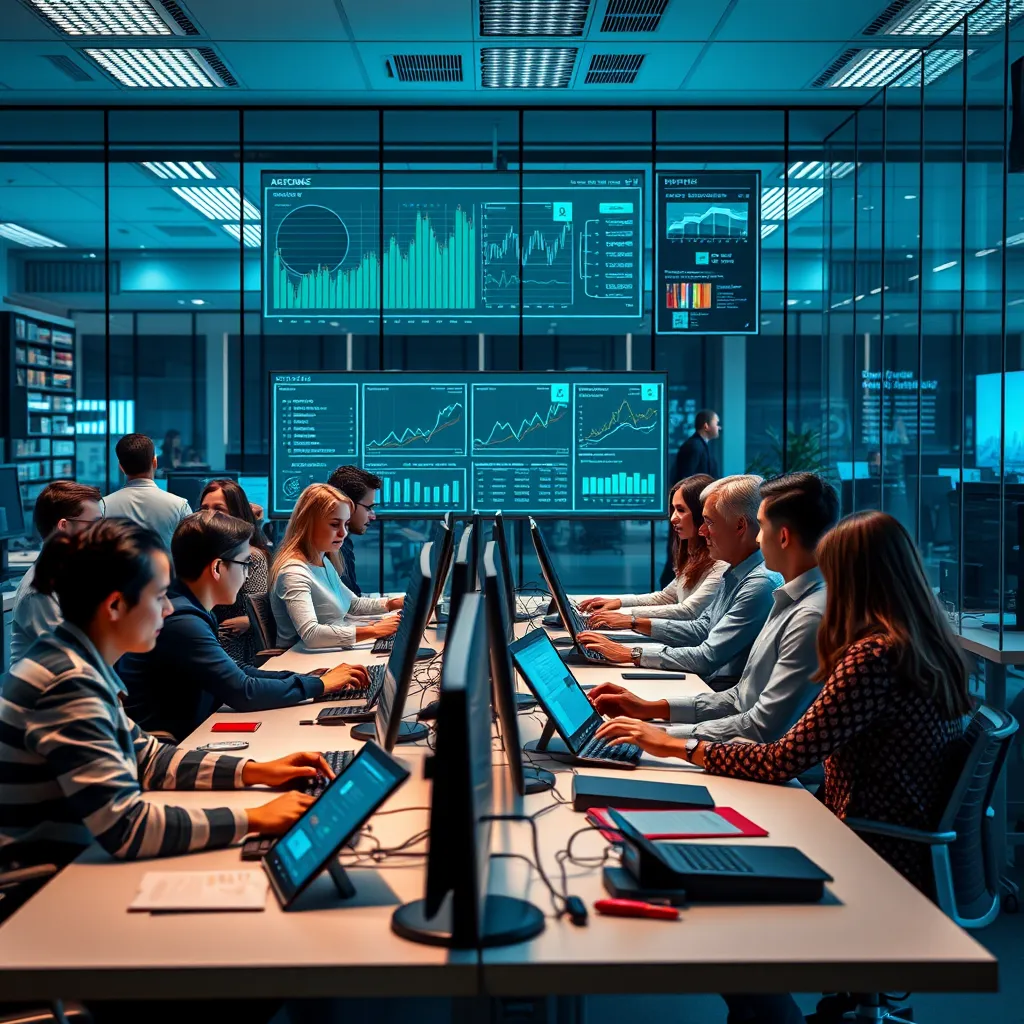 A modern office environment showcasing a diverse team collaborating at desks with computers and tablets. Screens display graphs and automation processes, illustrating smooth workflow. The atmosphere is dynamic and productive, with a glass wall highlighting a digital dashboard.