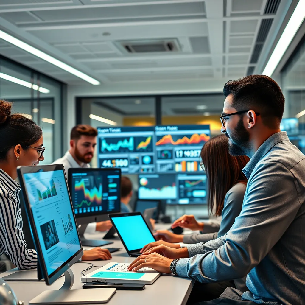 A modern office environment showcasing a diverse team of professionals engaging with advanced software on multiple screens. The scene captures collaboration using digital tools, with infographics and analytics displayed in the background, symbolizing digital transformation.
