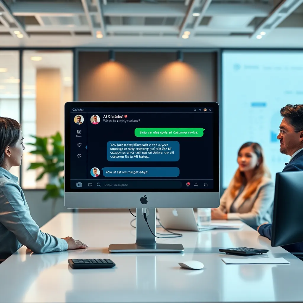 A modern office environment with an AI chatbot interface displayed on a computer screen, showing a chat conversation with a satisfied customer. Include a diverse team of professionals discussing the importance of AI in customer service, with digital analytics charts in the background.