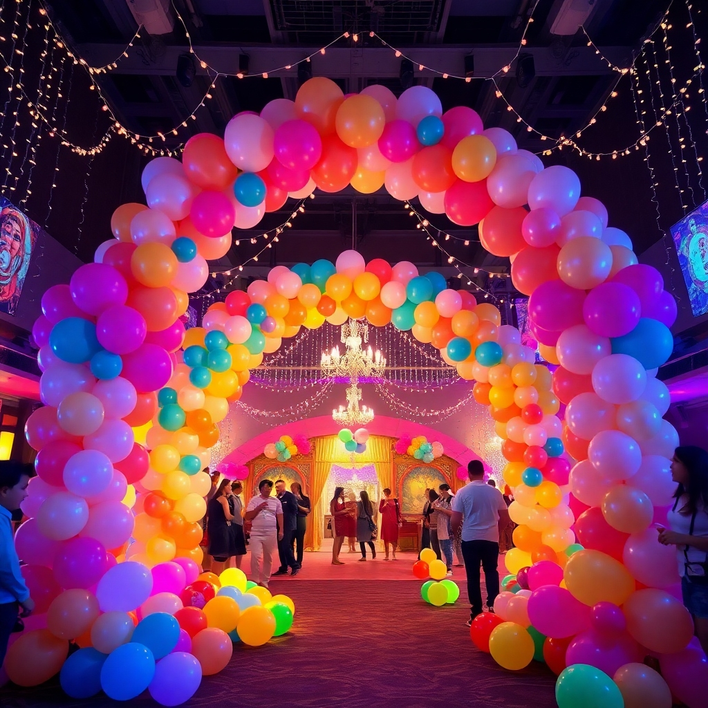 A photorealistic image capturing a lively celebration with towering balloon sculptures and arches that guide guests into a vibrant venue. The setting is illuminated with fairy lights, creating a magical evening ambiance. The colors are rich and varied, with balloons in rainbow hues sprawling across the reception area. The imagery should convey a sense of joy and festivity, with people engaging in celebrations. The scene is framed from a slightly elevated angle, allowing the viewer to see the full grandeur of the decorations and the excitement of the attendees, all in high detail.