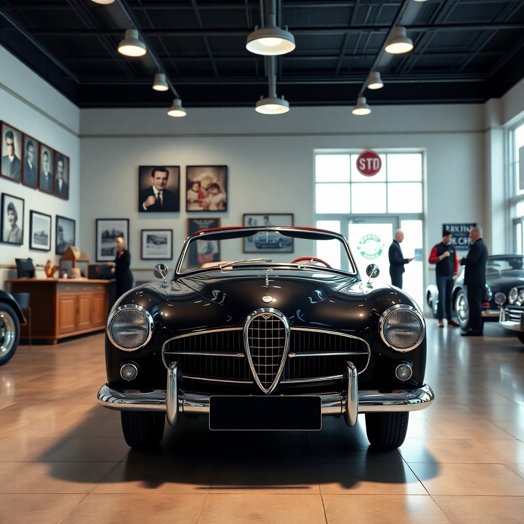 A photorealistic image of a vintage car showroom with a classic vehicle prominently displayed. The setting should convey a sense of history, featuring family photos on the walls, a welcoming reception area, and staff members assisting customers, showcasing trust and quality.