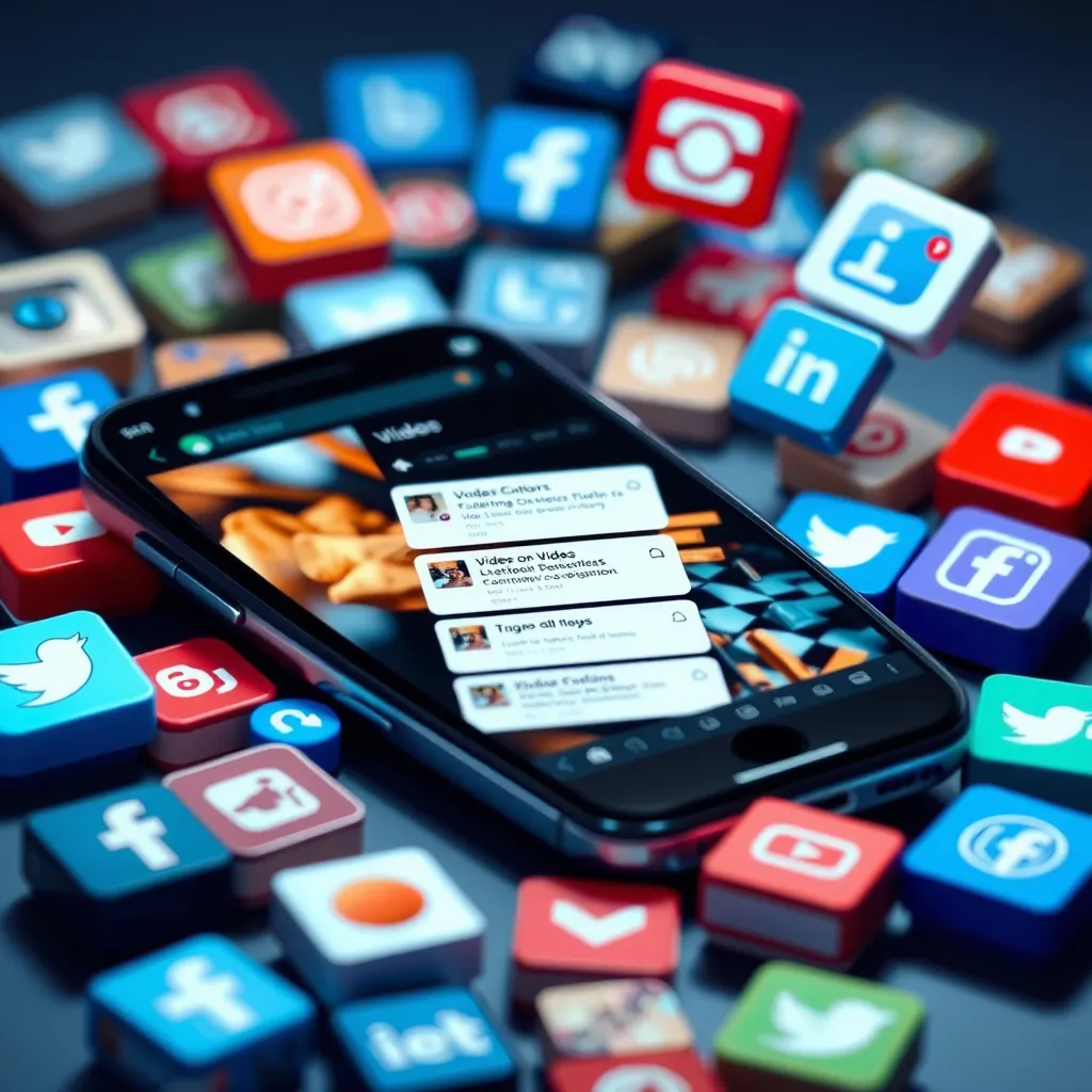 A photorealistic image showing a smartphone displaying a content-sharing bot in action, with notifications showcasing diverse media types like videos, blogs, and promotions. Surrounding the phone are icons of various social media platforms, exemplifying content interaction and engagement.
