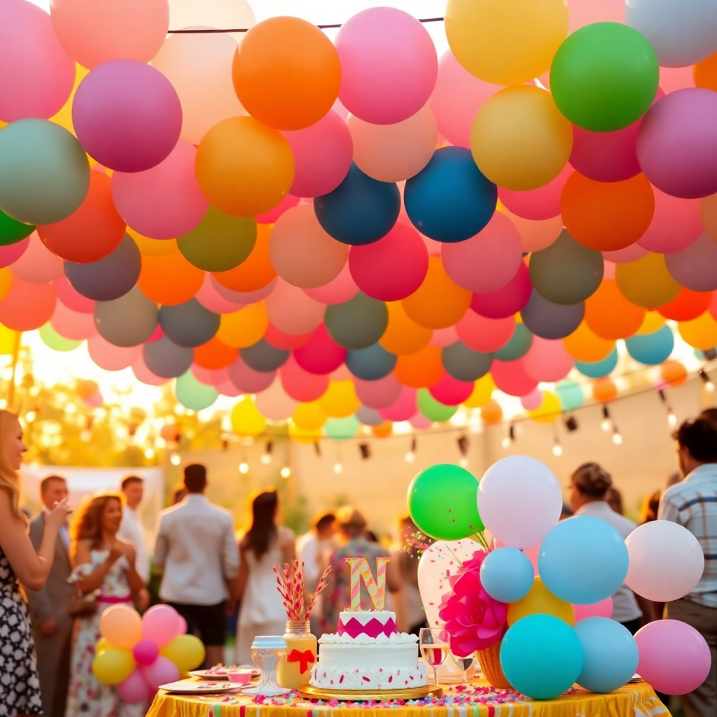A photorealistic, ultra-high quality header image depicting a vibrant outdoor event featuring a whimsical array of colorful balloons arching over a festive gathering. The setting is illuminated with soft, golden sunset lighting that enhances the warm color palette of pastels and bright hues of the balloons. The camera angle is slightly elevated, capturing the joy of guests of all ages, with detailed textures of the balloons and decorations. In the foreground, a beautifully arranged table is adorned with balloon centerpieces and celebratory props like confetti and cake, embodying the essence of creativity and celebration. The style references a blend of modern event photography and editorial glamour, all in 8K resolution, hyperrealistic quality.