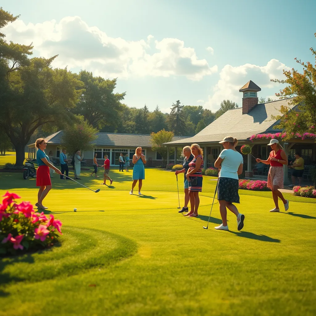 A picturesque scene of women playing golf on a sunlit course, with some participating in a ladies' tournament while others enjoy a social gathering at the clubhouse. Vibrant flowers and trees surround the course, creating a welcoming atmosphere.
