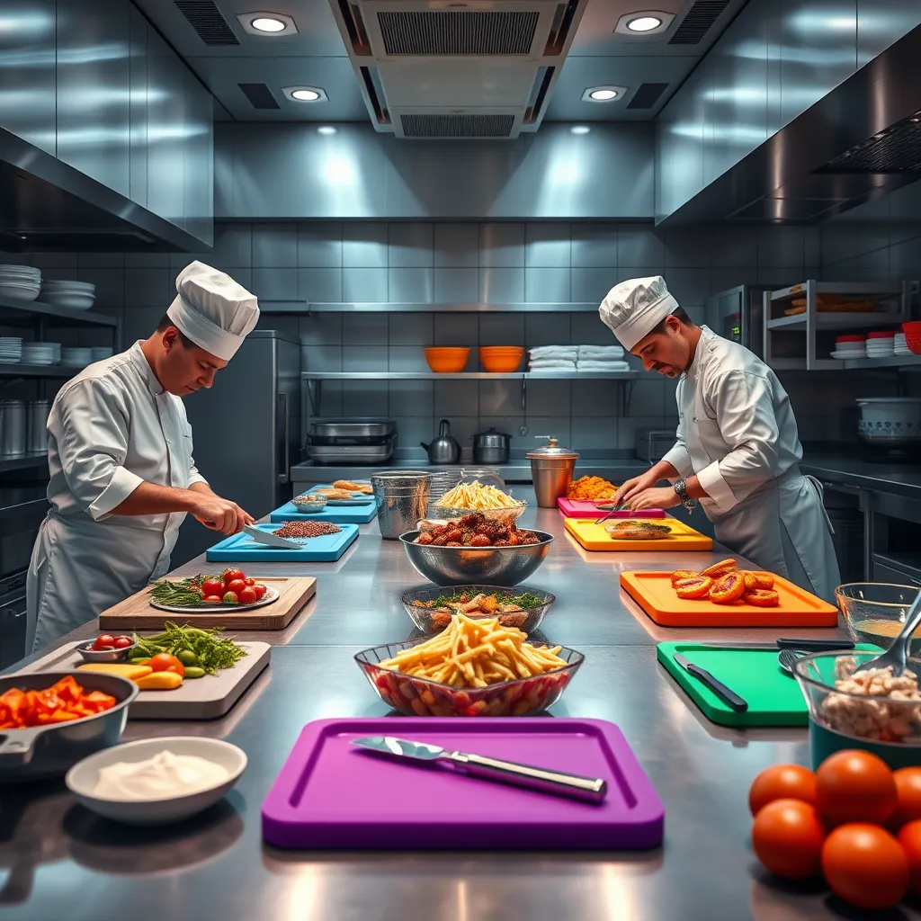A professional kitchen setup showcasing separate preparation areas for allergen-free and regular food items. Include chefs in action using different colored cutting boards and utensils, ensuring visual clarity of safety protocols in food prep.