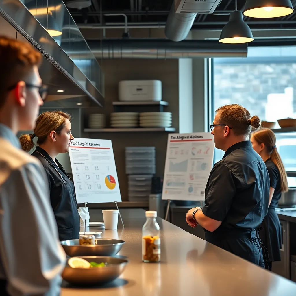 A retail kitchen environment where staff members are engaged in a training session about food allergies. Visuals should include a trainer demonstrating allergen safety protocols, with charts and allergen samples on display. Staff should look attentive and engaged.