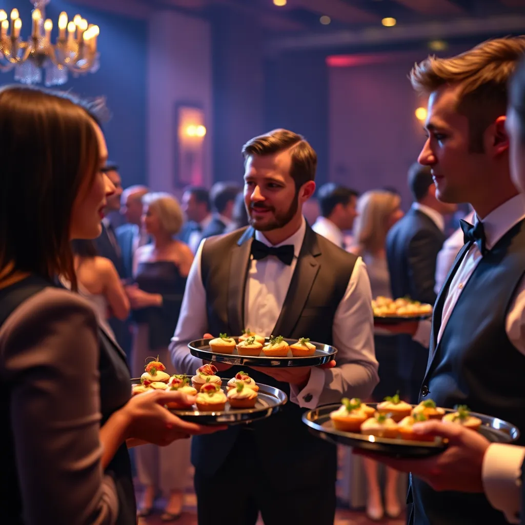 A scene of well-dressed waitstaff serving food at a sophisticated event. The atmosphere is lively, with guests engaging in conversation while being attentively served. Include elements like elegant uniforms, trays filled with hors d'oeuvres, and a backdrop of ambient lighting to emphasize top-tier service.