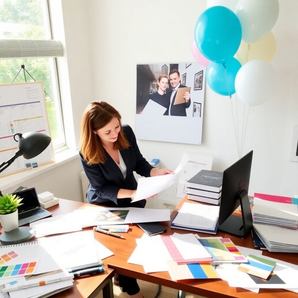 A sophisticated setup showcasing a planner organizing an event, illustrating the behind-the-scenes magic. The workspace is filled with various planning materials, color swatches, and balloon samples, all reflecting creativity and organization. Soft daylight floods the room, highlighting the details of the materials. This image represents the dedication and hard work that goes into every event to create memorable experiences.