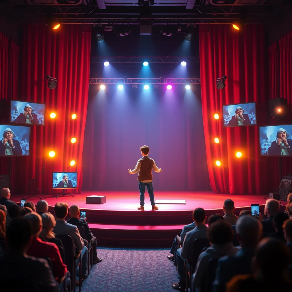 A split image featuring a visually captivating animated storyteller on a stage, engaging an audience, and digital representations of video and audio content elements around them, demonstrating the power of storytelling in creative marketing.