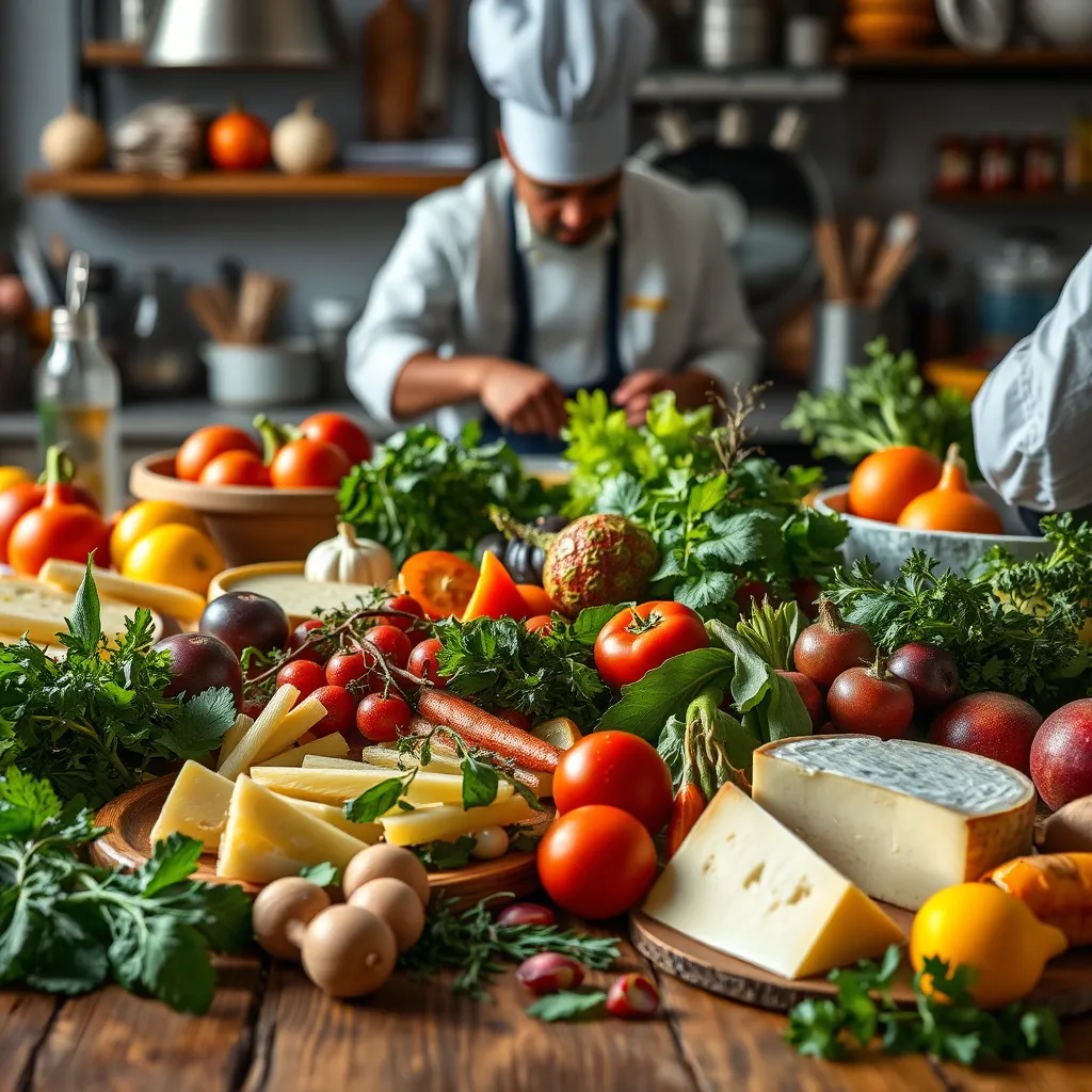 A stunning display of colorful, seasonal ingredients laid out on a wooden table, including fresh vegetables, herbs, and artisanal cheeses. Include a chef in the background artfully preparing a vibrant dish, emphasizing the theme of freshness and culinary artistry.