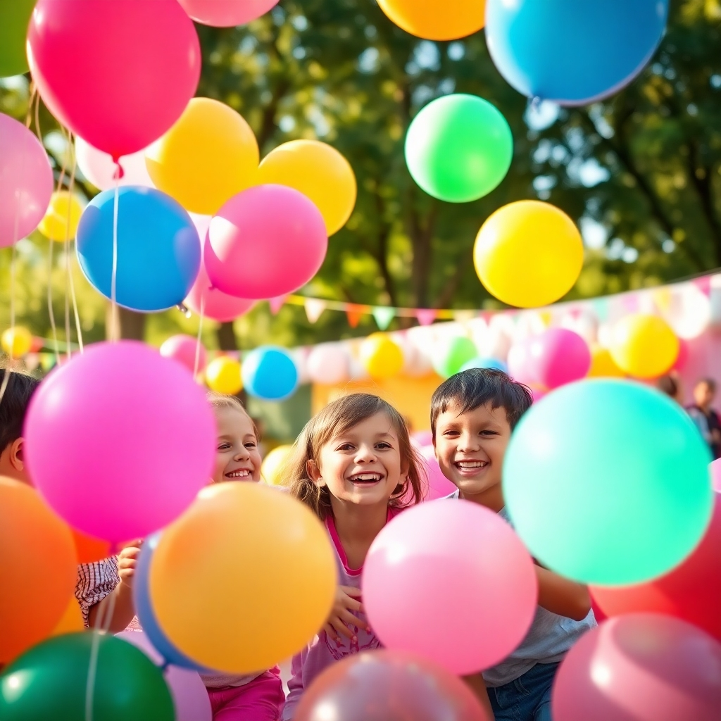 A stylized image encapsulating the vibrant ambiance of an event organized by Baloonable Events. The composition features a heartwarming scene of children laughing around a balloon-filled playground, with colorful balloons in various shapes and sizes floating above. The lighting is a mix of warm daylight, creating a cheerful atmosphere. The color palette is lively, showcasing hues of pink, blue, yellow, and green. The camera captures this joyful moment at eye level, emphasizing the texture of the balloons and the smiles of the children. This image should evoke feelings of happiness and celebration, set against a soft-focus background of trees and party decorations. Target high quality at 4K resolution.