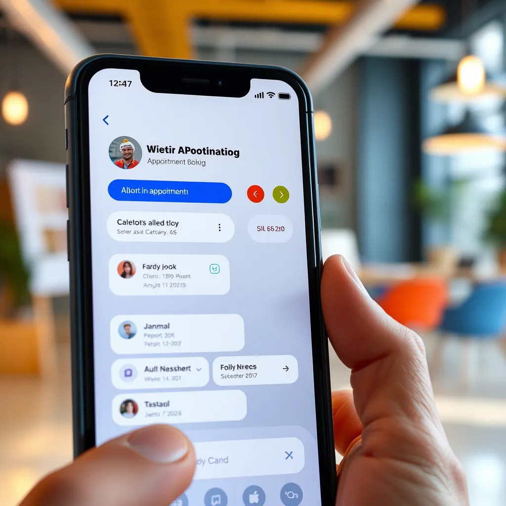 A user-friendly appointment booking interface on a smartphone, with a chatbot assisting in scheduling. Show a happy user interacting with the bot, with various calendar options displayed. The background can feature a vibrant workspace setting.