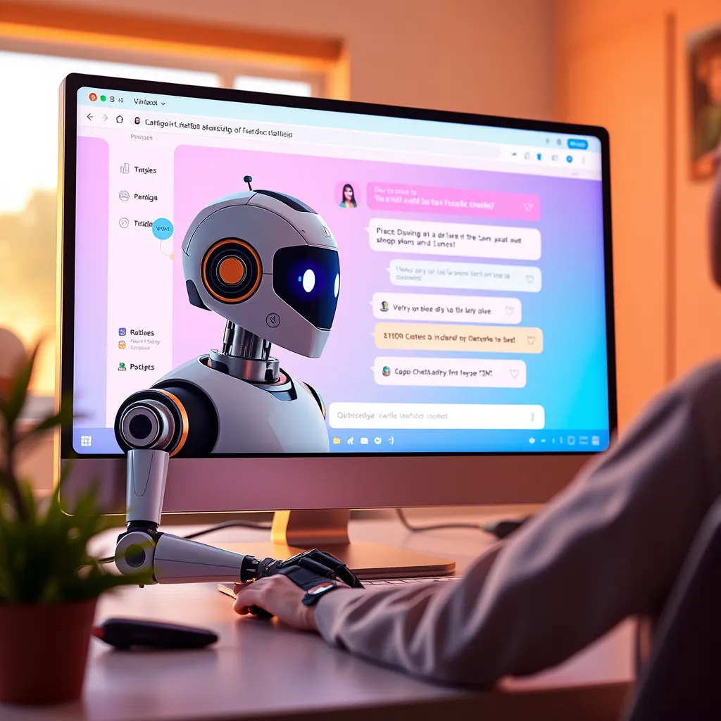 A vibrant, high-quality image depicting a lead generation chatbot on a computer screen, engaging with a user via a social media chat interface. The image should show visible user data being captured, along with an inviting atmosphere incorporating elements like graphs or user feedback symbols.
