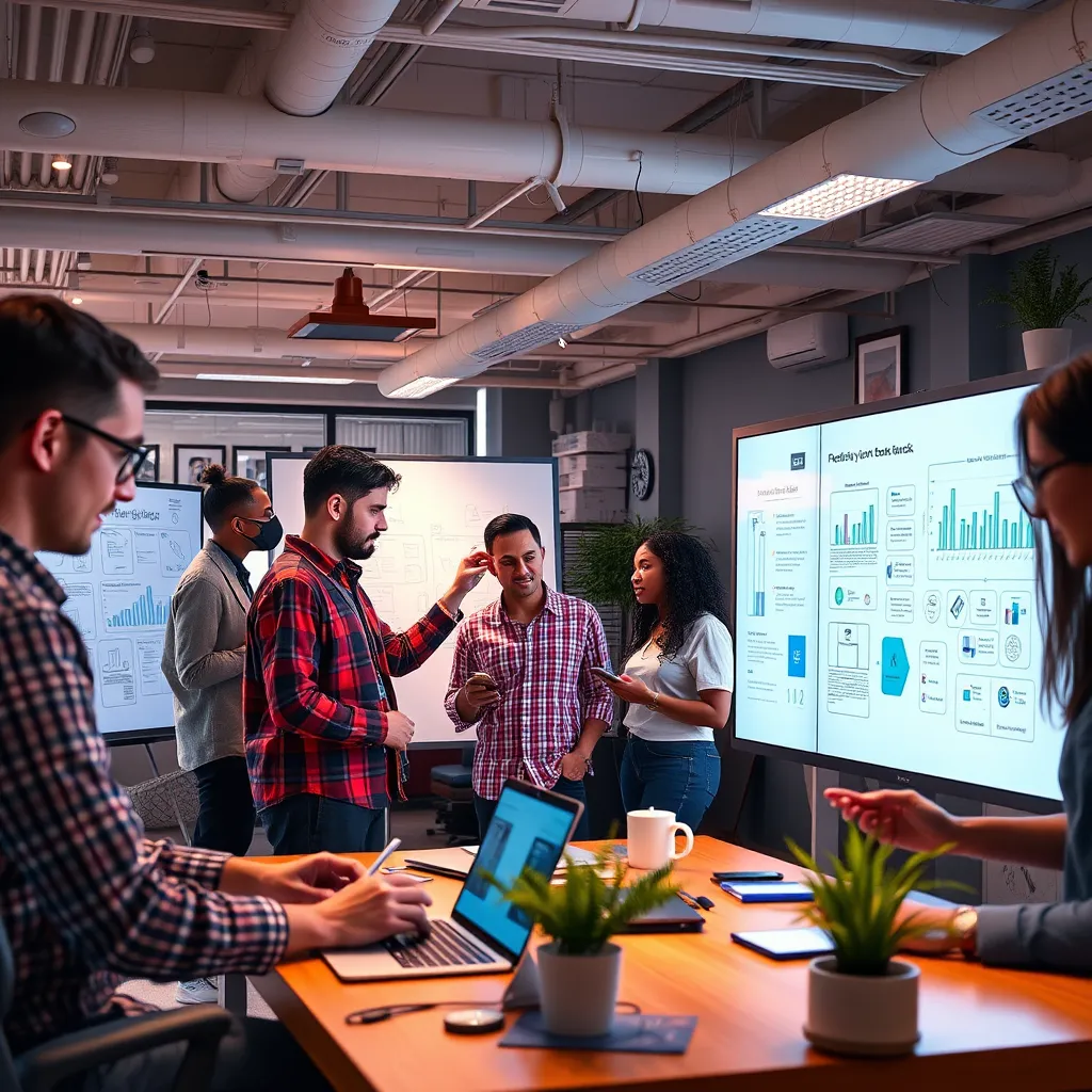 A vibrant co-working space with a diverse group of individuals collaborating on a project using digital whiteboards and laptops. The environment is filled with technology, showcasing an array of communication tools and rich interactions that represent efficient teamwork.