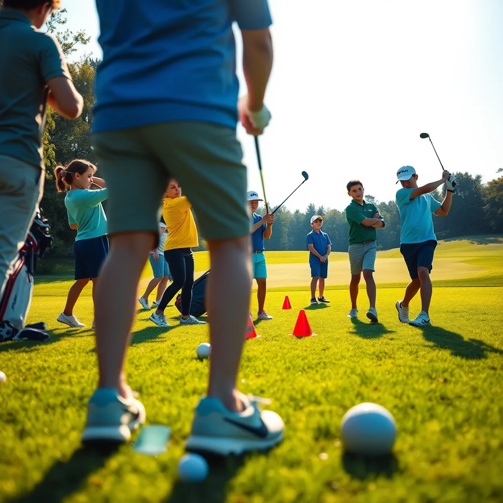 A vibrant golf practice session featuring enthusiastic young players of diverse backgrounds on a lush green fairway at Grimsby Golf Club. Capture the energy of the youth in action as they practice their swings under soft diffused lighting during a sunny afternoon. The scene should be lively, showcasing their colorful golf attire against the rich green grass. Include golf bags, clubs, and cones set up for drills. The camera angle should be low and slightly angled upwards, emphasizing the players' movements and the expansive golf course in the background. The mood should be inspiring and energetic, with bright blues and greens dominating the color palette, reflecting optimism and growth. The image should evoke a sense of community and teamwork, aiming for an ultra-detailed, hyperrealistic style in 8K resolution.