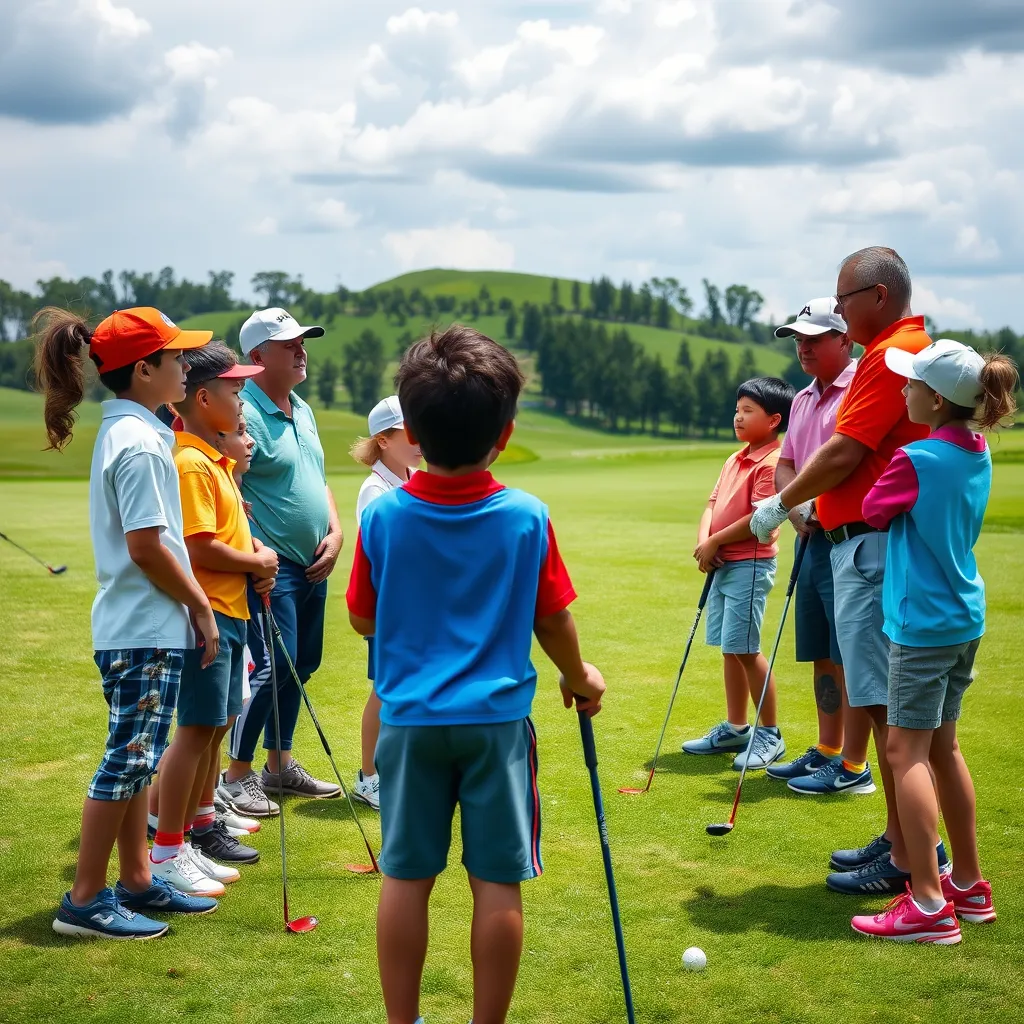 A vibrant image of a group of young golfers on a lush green golf course, participating in a youth training session. The coach demonstrates swing techniques while kids practice with golf clubs. The scene is lively, highlighting diversity and enthusiasm among the participants.