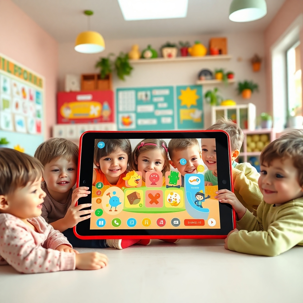 A vibrant scene depicting a playful, interactive learning environment for children aged 5 to 8. Central to the composition is a colorful, oversized tablet displaying an educational game, surrounded by cheerful children playing and learning together. The soft diffused lighting creates a warm, inviting atmosphere, while the color palette consists of bright primary colors like red, blue, and yellow, promoting a sense of joy and curiosity. The camera angle is slightly elevated, capturing the children's expressions of delight and engagement. Textures of the tablet are smooth and shiny, with playful graphics appearing to jump off the screen. The background features a whimsical classroom decorated with educational posters, toys, and plants, evoking a sense of creativity and growth. The scene is in ultra-detailed, hyperrealistic style, with a resolution of 8K to capture every joyful detail.