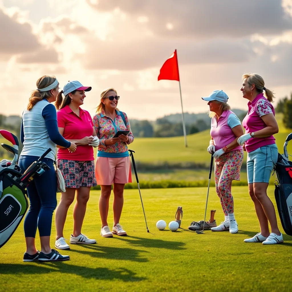 A vibrant scene of female golfers enjoying a friendly tournament at Grimsby Golf Club, with diverse women of different ages laughing and sharing a moment on the course. Colorful outfits, golf bags, and flags should be featured, set against a scenic fairway, highlighting the spirit of competition and fellowship.