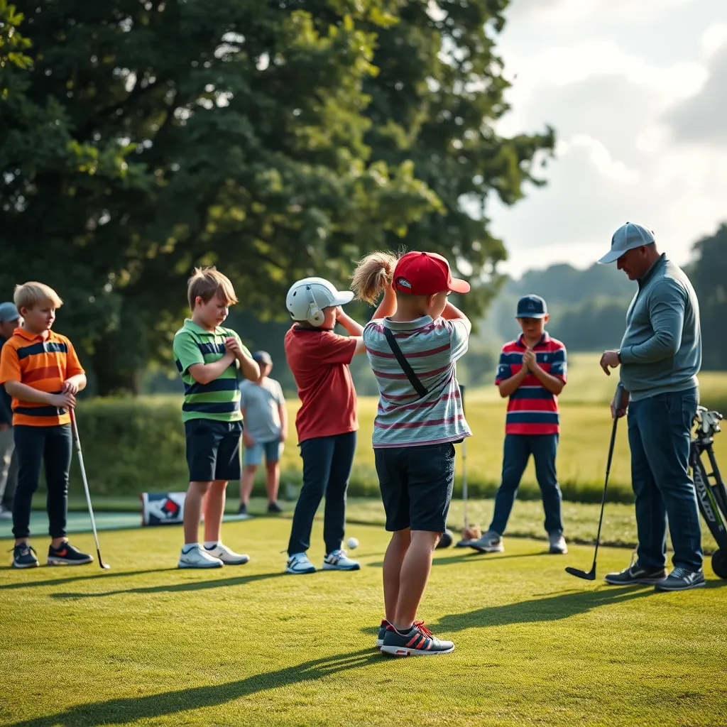 A vibrant scene of young golfers at Grimsby Golf Club, participating in a coaching session. Show enthusiastic kids practicing their swings with a professional coach overseeing. Include lush green fairways and the club's logo in the background.
