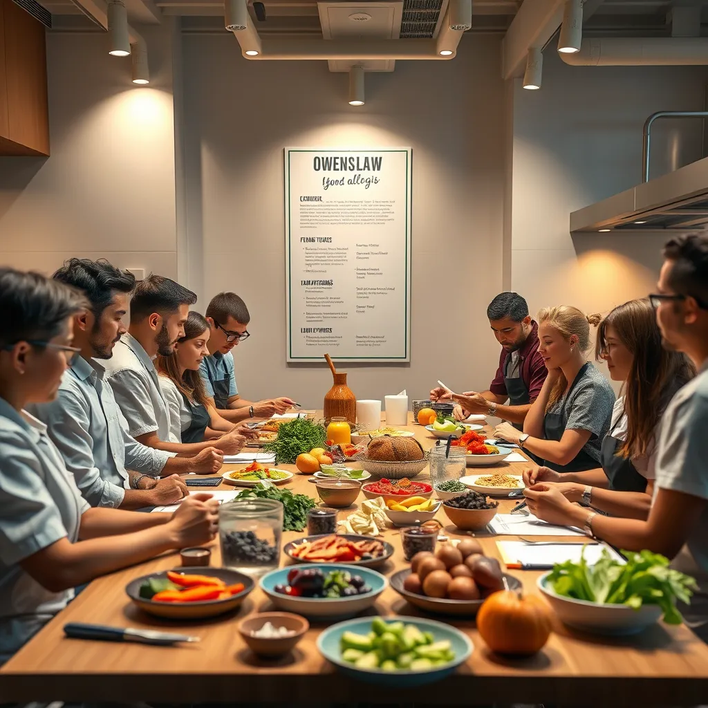 A vibrant training session in a modern kitchen setting, with a diverse group of restaurant staff gathered around a large table, engaging with visual materials about food allergies. Soft diffused lighting casts a warm glow across the room, highlighting the diverse array of ingredients displayed on the table. A poster detailing 'Owens Law' is prominently featured on the wall. The mood is energetic and focused, showcasing participants taking notes and asking questions, dressed in professional uniforms. The camera angle is slightly elevated, offering a wide perspective of the group interaction. The textures of the wooden table and varied food textures create an engaging composition, set in an ultra-detailed, hyperrealistic style. The image is in 8K resolution, capturing every detail vividly.