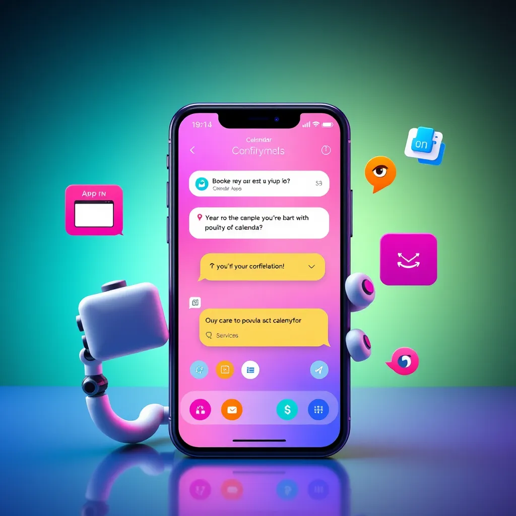 A visually appealing graphic depicting a user-friendly calendar interface on a smartphone, with a chatbot guiding a user through the booking process. Elements include a confirmation message, integration with popular calendar apps, and icons representing different services, all in a vibrant color scheme.