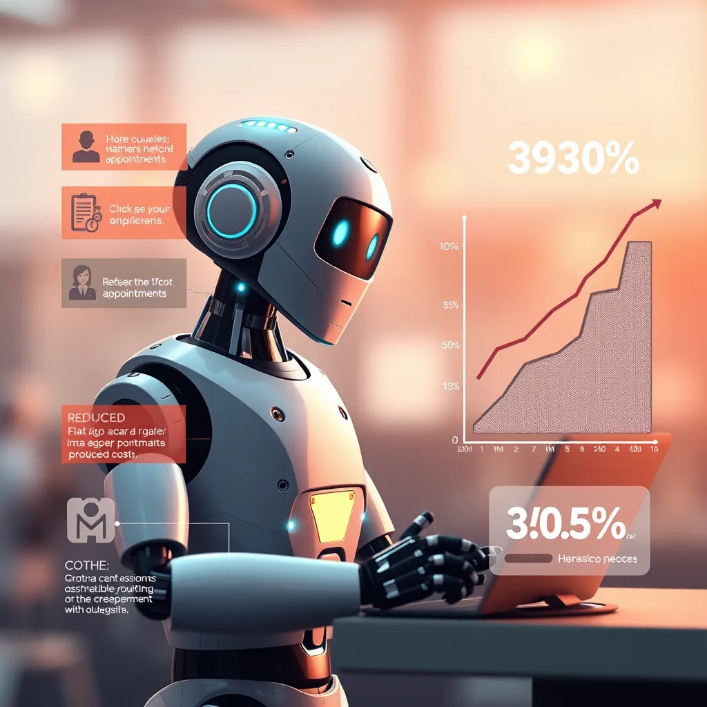 A visually engaging infographic style image illustrating the concept of efficiency through automation. Show a robot (chatbot) managing various tasks like answering queries, scheduling appointments, and processing orders, with a graph depicting reduced costs on one side.