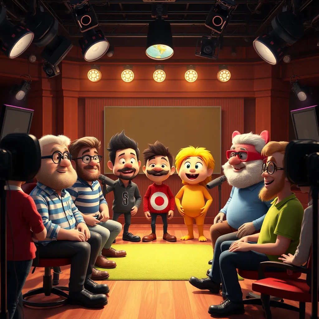 A visually rich scene displaying a range of animated characters and professional voice actors in a creative studio setup, illustrating the customization process where each character reflects different brand values and engages with diverse audience segments.