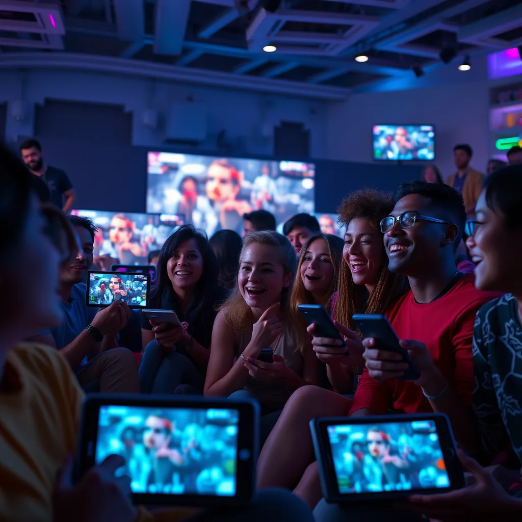A visually striking scene showcasing a diverse group of people watching AI-generated video content on various devices. The environment is vibrant, incorporating elements of emotion such as laughter and curiosity, emphasizing the connection between storytelling and audience engagement.