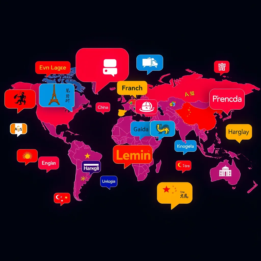 A visually stunning world map made of speech bubbles representing different languages. Each bubble contains iconic symbols from various cultures, like the Eiffel Tower for French and a Dragon for Chinese. Bright colors and dynamic lines connecting the bubbles, symbolizing global communication.