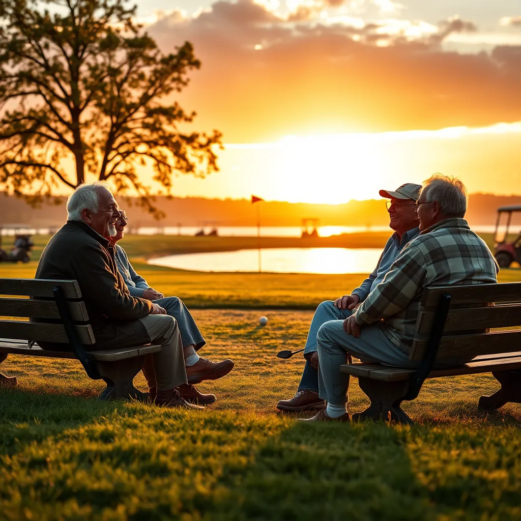 A warm and inviting scene depicting senior members of Grimsby Golf Club enjoying a relaxed day of golf. The composition should show men and women laughing and chatting around a picturesque lakeside tee-off area during golden hour, with the sun casting a warm glow over the landscape. Their outfits should be classic and comfortable, resonating with a timeless golf aesthetic, while their expressions reflect joy and camaraderie. The camera angle should be slightly elevated, providing a panoramic view of the golfers and the tranquil lake reflecting the vibrant colors of the sunset. Add texture to the scene by highlighting the rugged natural elements such as the grass, wooden benches, and soft, rippling water. Incorporate details like golf carts and refreshments nearby. Use a rich color palette with golds, oranges, and greens to evoke a sense of nostalgia and fulfillment. The final image should be hyperrealistic, detailed, and rendered in 8K resolution.