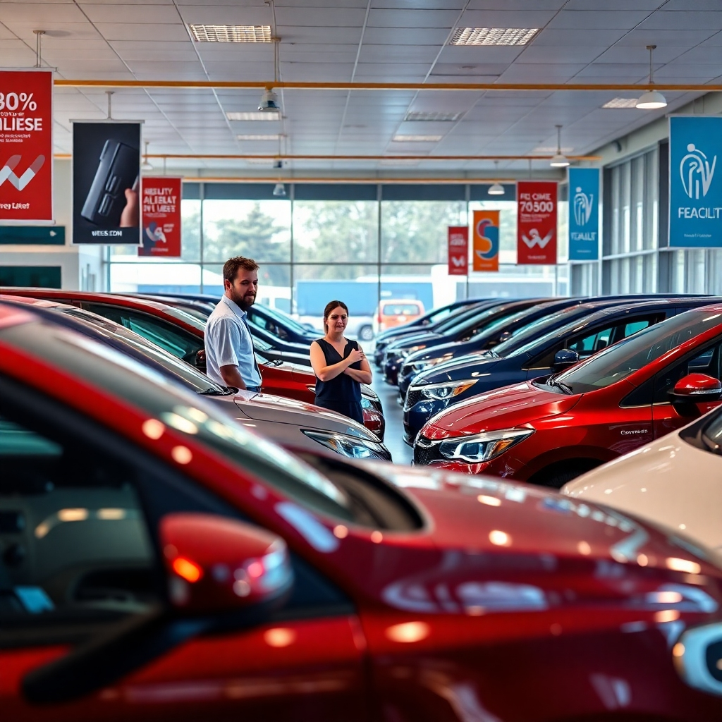 A welcoming car showroom displaying an array of high-quality used vehicles with a friendly staff member engaging with a customer. The scene should capture a vibrant atmosphere, showcasing several cars from different angles with promotional banners.
