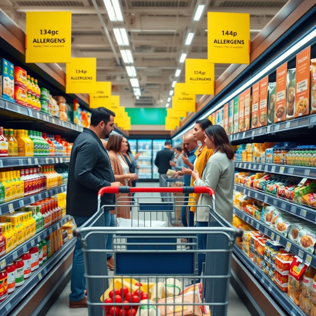 A well-organized grocery store aisle showcasing clearly labeled allergen information on various food products. Include colorful signs indicating the 14 major allergens, with a shopping cart in the foreground, helping a diverse group of customers.