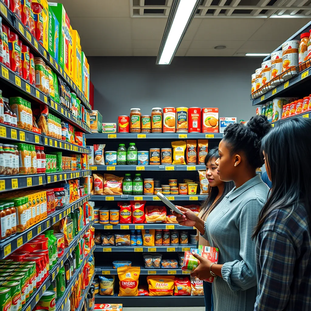 A well-organized grocery store shelf displaying a variety of food products, each clearly labeled with allergen information. The labels should be bold, colorful, and easy to read. Include a diverse group of customers examining the products intently.