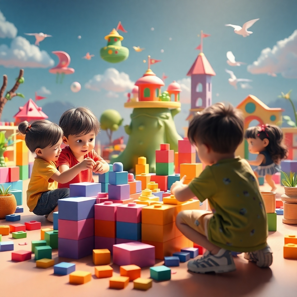 A whimsical digital playground where children are actively creating and building structures with colorful blocks and shapes. The environment is alive with imaginative elements like floating islands and friendly creatures, showcasing the joy of creativity in play.